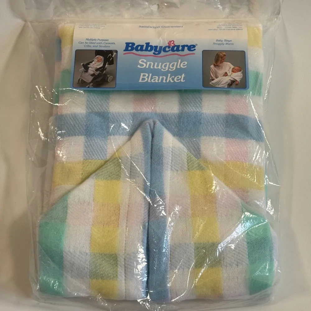 Vtg Babycare Snuggle Blanket Pastel Plaid Snap Wearable Swaddle Made in USA NEW